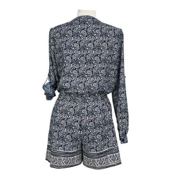 LOFT Romper Size 0 Blue White Paisley Print Long Sleeve Roll Tab One Piece EUC - Picture 2 of 16